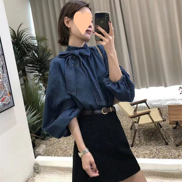 Camisa Denim Retro Suelta con Cuello y Cordones para Mujer
