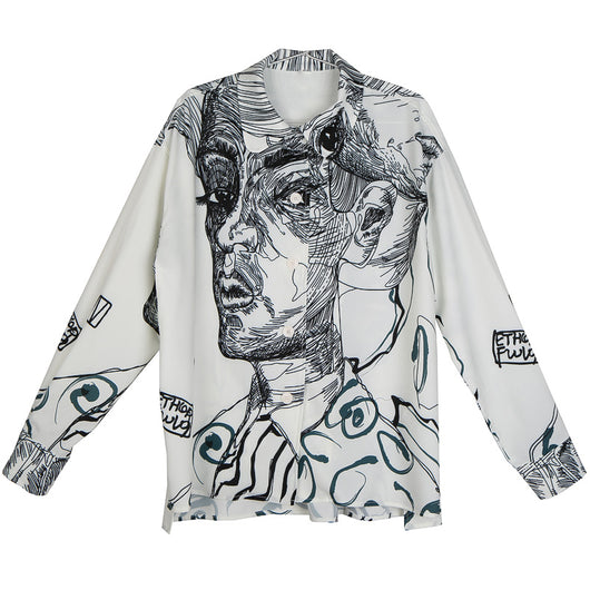 Blusa Suelta de Gasa con Estampado Facial para Mujer