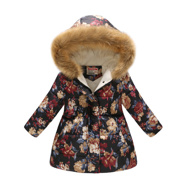 Chaqueta de Algodón Acolchada con Cuello de Pelaje y Capucha - Diseño Cartoon Infantil
