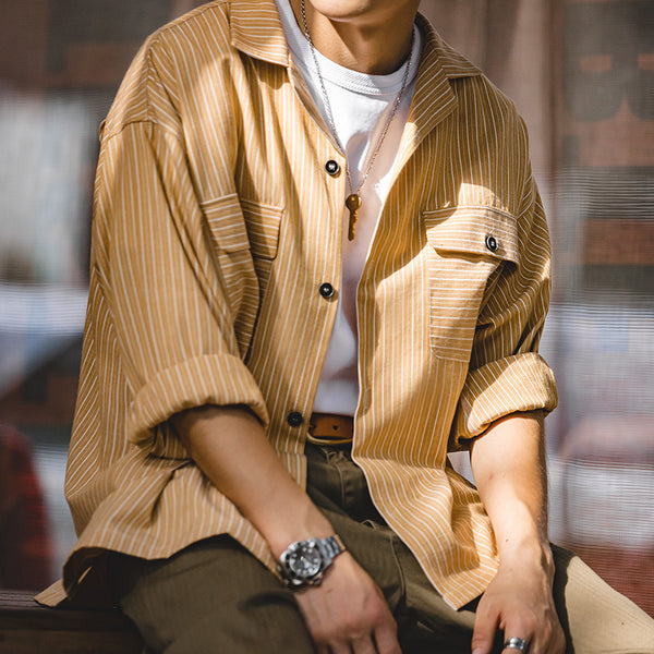 Camisa Manga Larga Cuello Cubano a Rayas Amarillo Vintage para Hombre