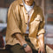 Camisa Manga Larga Cuello Cubano a Rayas Amarillo Vintage para Hombre