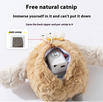Plush electric bird cat toy with brown body, white wings, yellow beak, and googly eyes. Includes charging cable and catnip. - Image 7