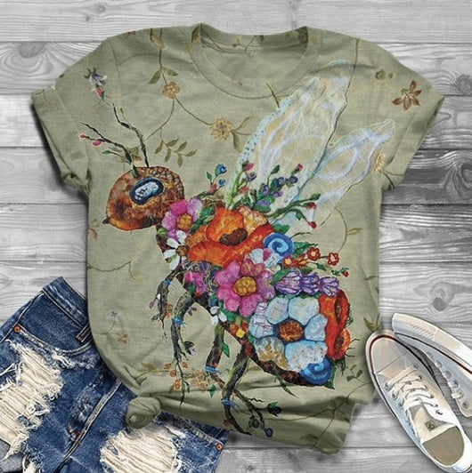 Playera Casual Estampado de Abejas Cuello Redondo Manga Corta Suelta para Mujer - Image 7