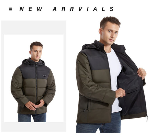 Man and woman modeling black smart heating puffer jackets with hoods, zippered pockets, and horizontal quilting. - Image 9