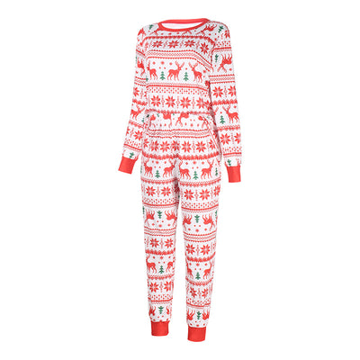 Red and white long-sleeved family matching pajamas with reindeer and snowflake pattern for dad, mom, kid, and baby. - Image 5