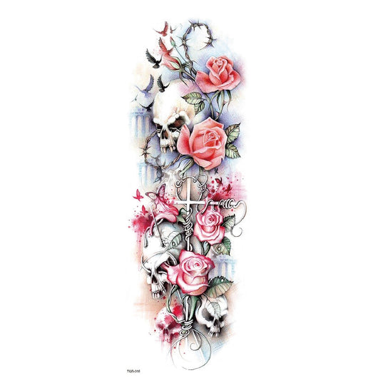 Full arm temporary tattoo sticker with a black, red, and light blue tribal design, featuring abstract shapes and patterns. - Image 20