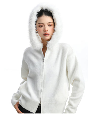 Abrigo Cardigan con Capucha y Cuello de Pelaje Beige para Mujer - Image 10