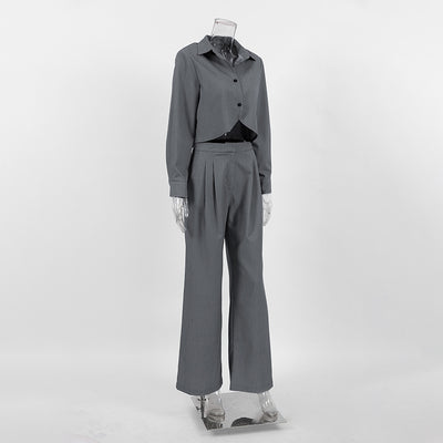 Conjunto de Pantalón Ancho y Blusa Gris de Manga Larga Cintura Alta Efecto Reductor - Image 4