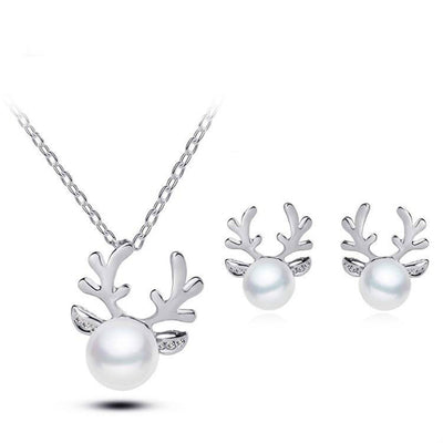 Gold-tone reindeer antler necklace and stud earrings set with white pearls and clear rhinestone accents. - Image 2