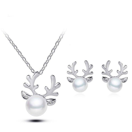 Gold-tone reindeer antler necklace and stud earrings set with white pearls and clear rhinestone accents. - Image 2