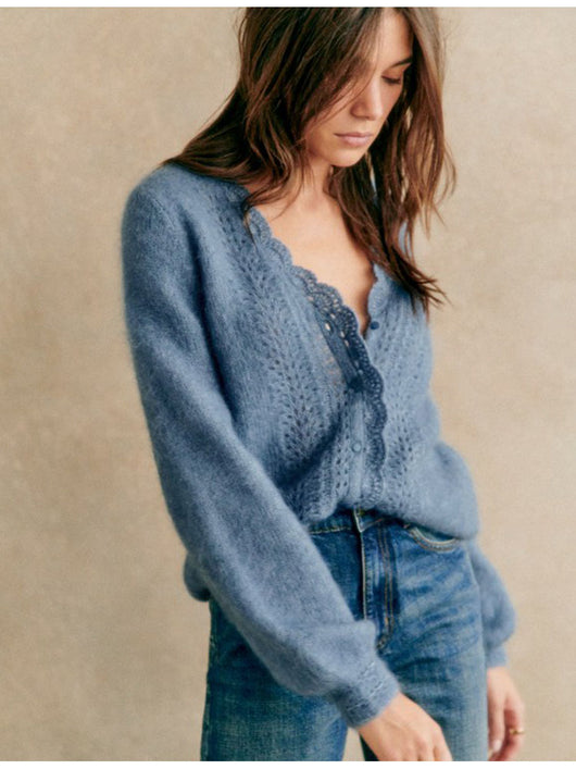 Cardigan Mohair Azul Neblina Tejido Cuello V Mangas Abullonadas - Image 14