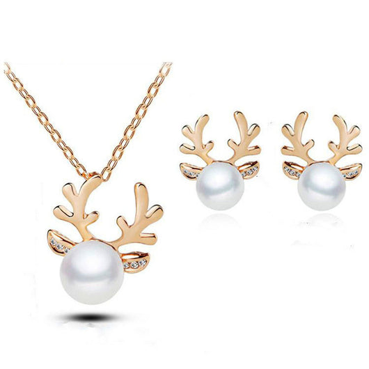 Gold-tone reindeer antler necklace and stud earrings set with white pearls and clear rhinestone accents.