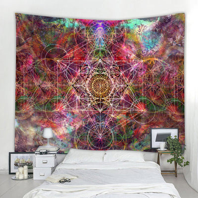 Vibrant multicolored tapestry with a geometric sacred geometry pattern, including Metatron's Cube and Flower of Life, above a bed. - Image 2