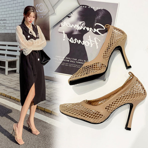 Tacones Altos Sandalias de Malla con Punta Cuadrada
