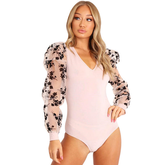 Jumpsuit Elegante de Malla Bordada Manga Larga Escote en V - Image 2