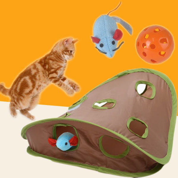 Brown and green cat interactive toy with nine mouse holes and a gray mouse graphic for hide and seek play.