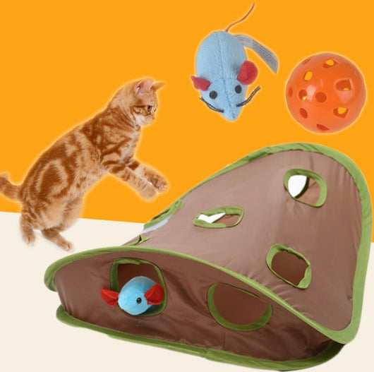 Brown and green cat interactive toy with nine mouse holes and a gray mouse graphic for hide and seek play.