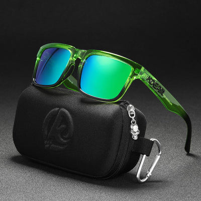 Men's and women's dazzling blue and black striped polarized sunglasses with gray lenses and a black case. - Image 65
