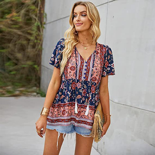 Blusa Suelta con Cuello en V y Cordón Ajustable para Mujer