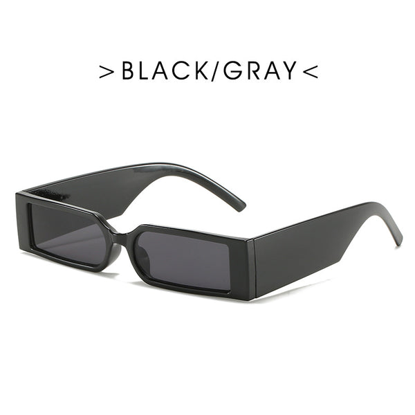 Black rectangular vintage small frame sunglasses with dark gray lenses on a white background. - Image 3