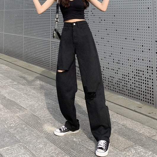 Jeans Negros Anchos Rotos para Verano Mujer - Image 4
