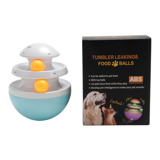 Orange and blue interactive pet food dispenser toy with multiple tiers and white balls, next to its black packaging. - Image 15