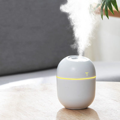 Teal egg-shaped USB humidifier with a glowing blue light band and a 'T' shaped indicator on top.