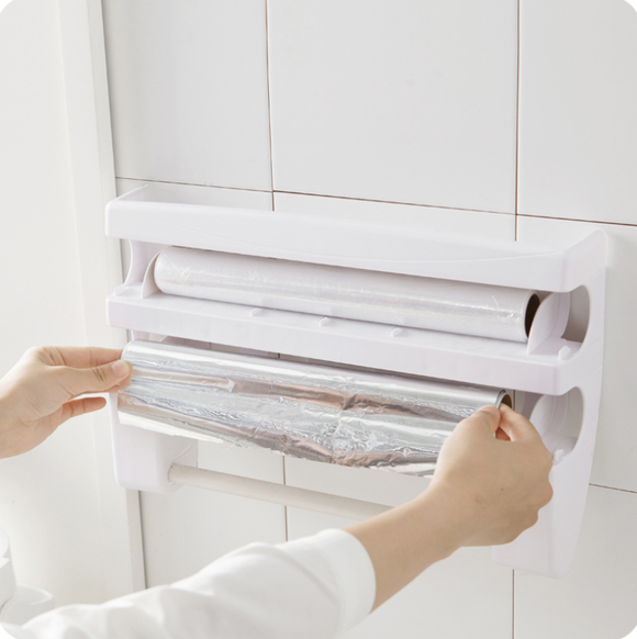 Organizador de Cocina Multiusos con Cortador de Film Adhesivo y Portarrollos
