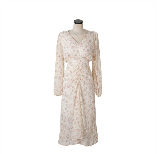 Vestido Largo de Chifón Estampado con Escote en V y Mangas Largas Fruncidas