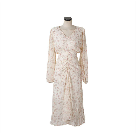 Vestido Largo de Chifón Estampado con Escote en V y Mangas Largas Fruncidas