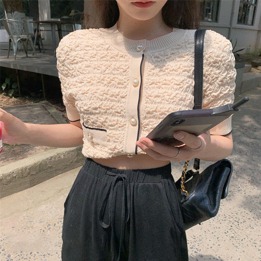 Suéter Tejido Elegante de Seda Helada para Verano - Blusa Corta Cuello Redondo Mujer - Image 5