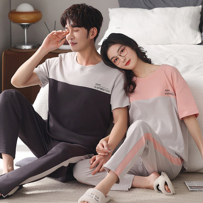 Matching red cotton couple pajamas with short sleeves, long pants, gold piping, and "Love you Dnaw" embroidery. - Image 8