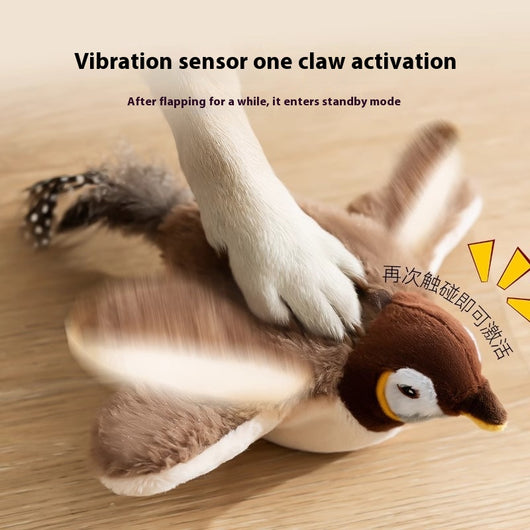 Plush interactive bird toy with brown head, cream body, yellow beak, and spotted feather tail. - Image 9