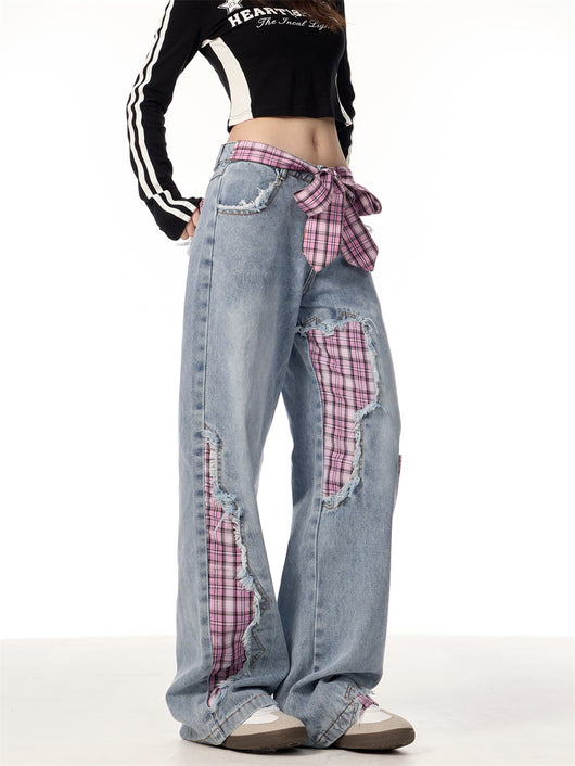 Pantalones Jeans Rectos Anchos para Mujer con Cuadros y Moño - Image 21