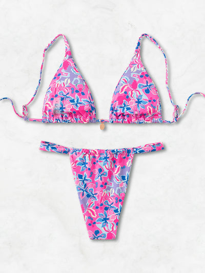 Red floral print triangle cup bikini set with matching bottom, featuring a small gold charm on the top. - Image 20