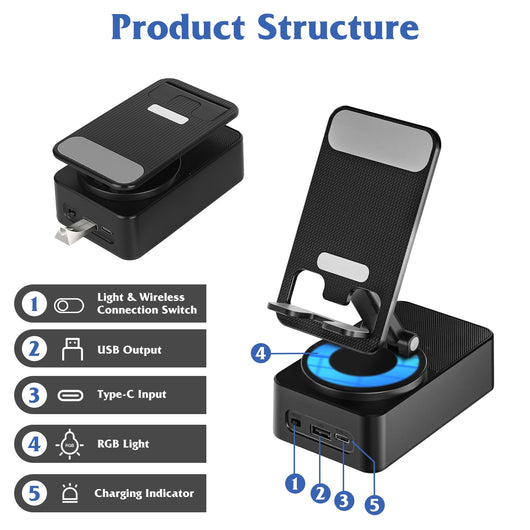 Soporte Inalámbrico 4 en 1 Plegable con Batería de 5000mAh, Luz RGB y Rotación 360° - Image 3