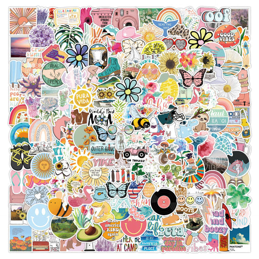 200 assorted waterproof PVC stickers featuring diverse designs like sunflowers, butterflies, rainbows, travel scenes, and positive quotes. - Image 2