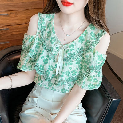 Blusa Chiffon Floral Hombro Descubierto - Camisa Romántica de Manga Corta - Image 4