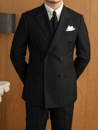 Traje Ejecutivo de Rayas Dobles Botones Negro Versátil - Image 11