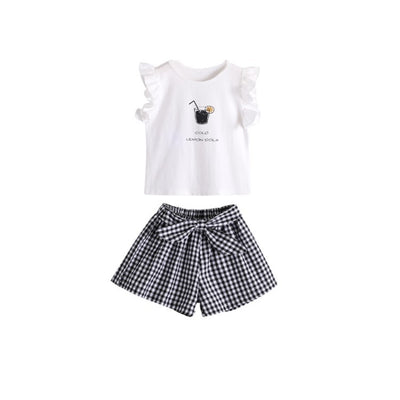 Conjunto Infantil Niña Estilo Coreano: Blusa Manga Corta y Short a Cuadros con Moño - Image 15