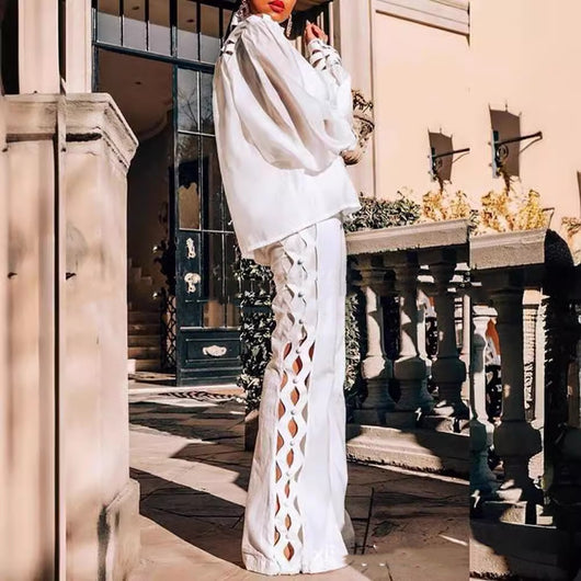 Blusa Blanca de Encaje Manga Larga con Pantalón Juego Completo - Image 9