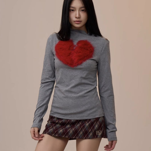 Blusa Retro de Manga Larga con Corazón Creativo - Corte Holgado y Elegante