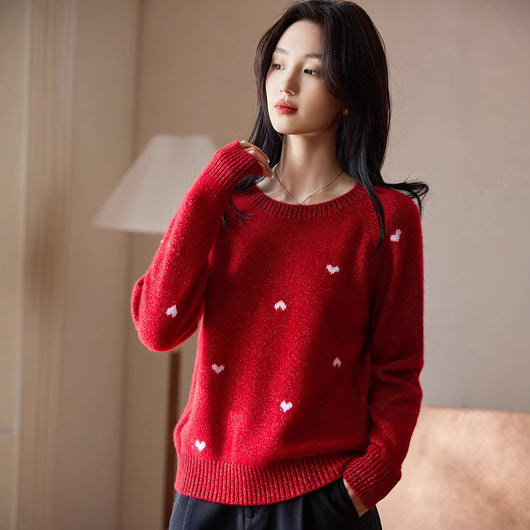 Suéter Rojo de Cuello Redondo para Mujer con Motivo de Corazón