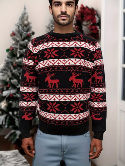 Women's black, red, and white Christmas sweater with reindeer and snowflake fair isle patterns, round neck, long sleeves. - Image 27