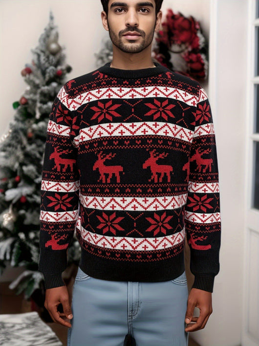 Women's black, red, and white Christmas sweater with reindeer and snowflake fair isle patterns, round neck, long sleeves. - Image 27