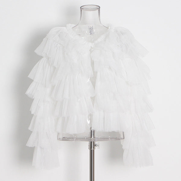 Blusa Mesh de Manga Larga con Cuello Redondo y Volantes Personalizables para Mujer