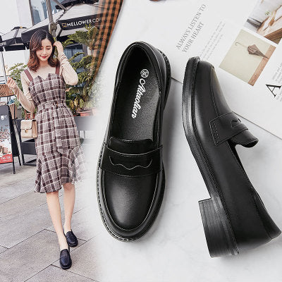 Mocasines Retro Estilo Británico Tacón Grueso Mujer Negro Japonés