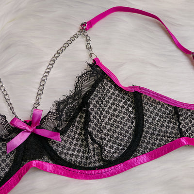 Neon yellow and orange lace lingerie set with chain details, including a bra, garter belt, thong, and armbands. - Image 26