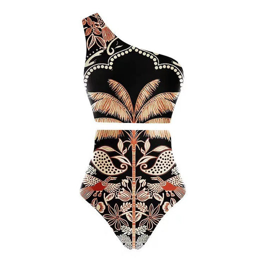 Black one-piece swimsuit with an asymmetrical top and matching long skirt, featuring a tropical palm tree and bird print. - Image 15