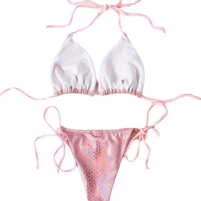 Gold snakeskin print string bikini with black ties, featuring a triangle top and thong bottom, modeled on a person. - Image 5